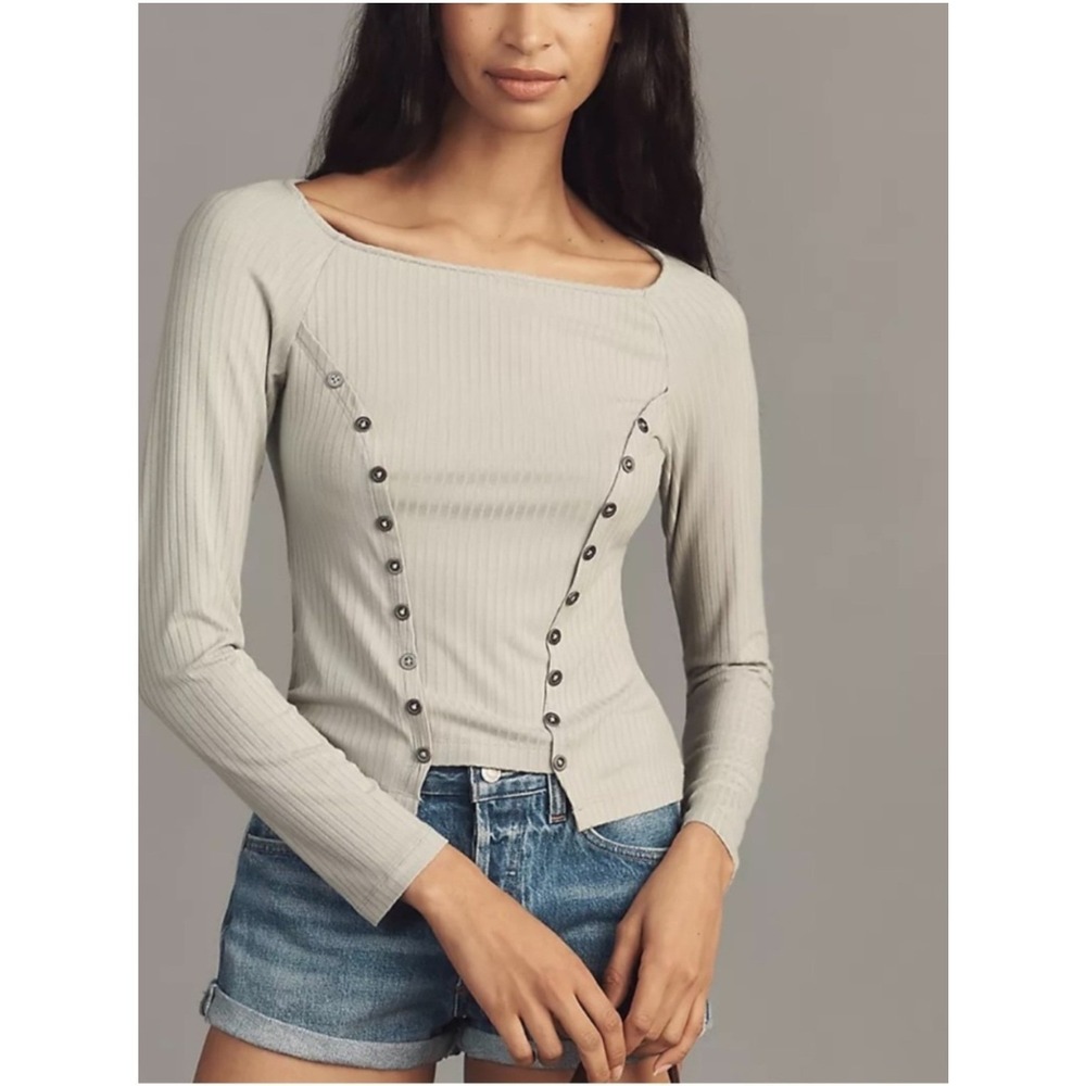By Anthropologie Sage Green Buttoned Boatneck Ribbed Long Sleeve Top XL